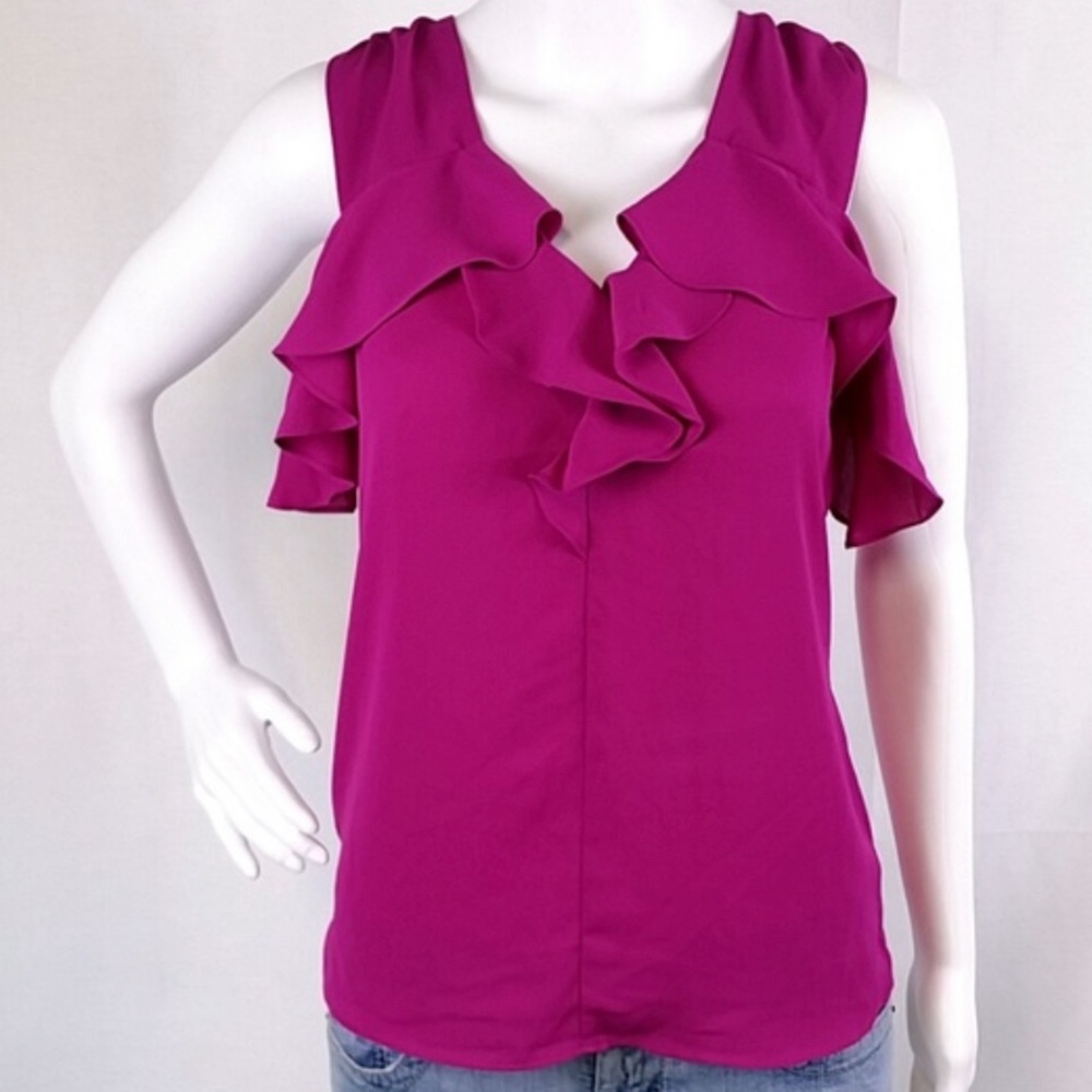 Express V Neck Ruffle Top Magenta M